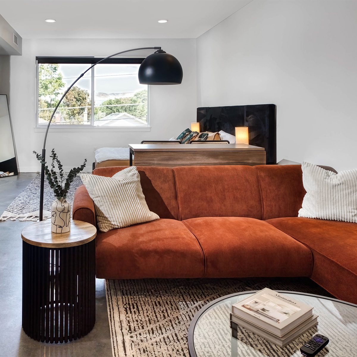Living room with a plush couch, pattern rug, and floor lamp