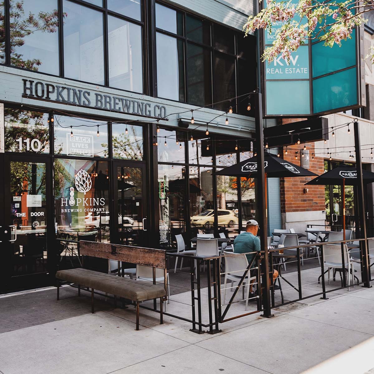 Hopkins Brewing Company patio area where customers can enjoy fresh beers.